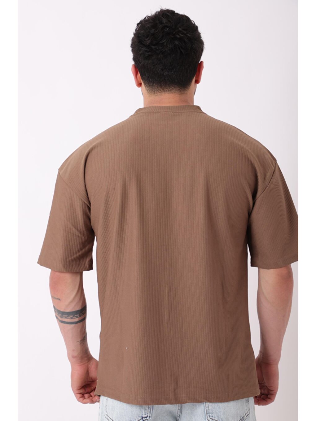 Kahverengi Çizgili Oversize Bisiklet Yaka %100 Pamuk Tişört STU-2452_30463-4