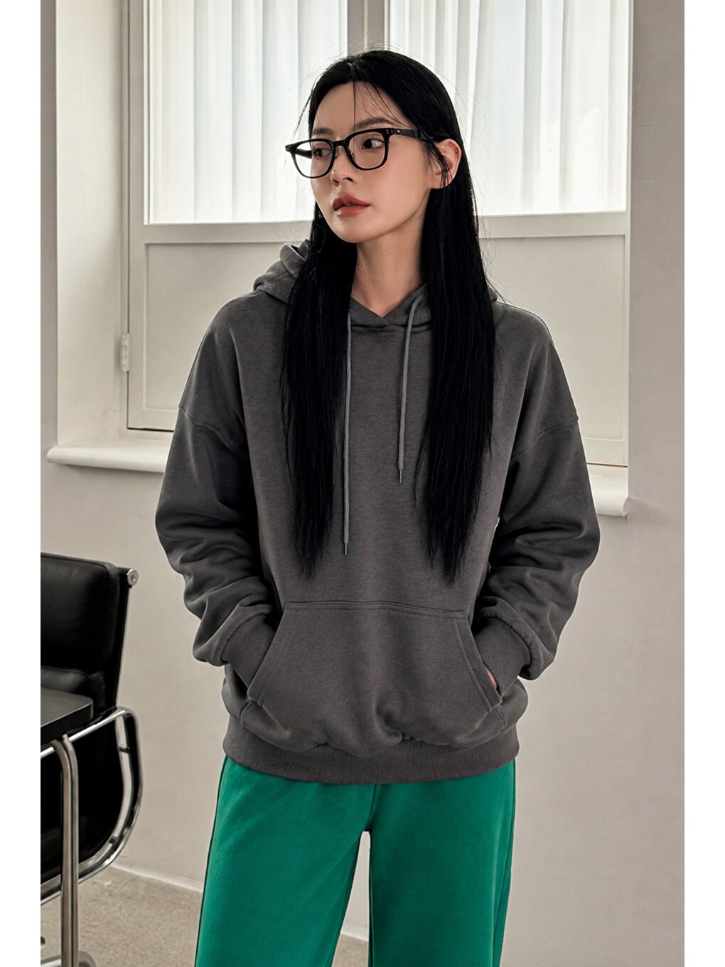 Antrasit Kadın Oversize Kapüşonlu Sweatshirt Rahat Kalıp Günlük Basic Hoodie