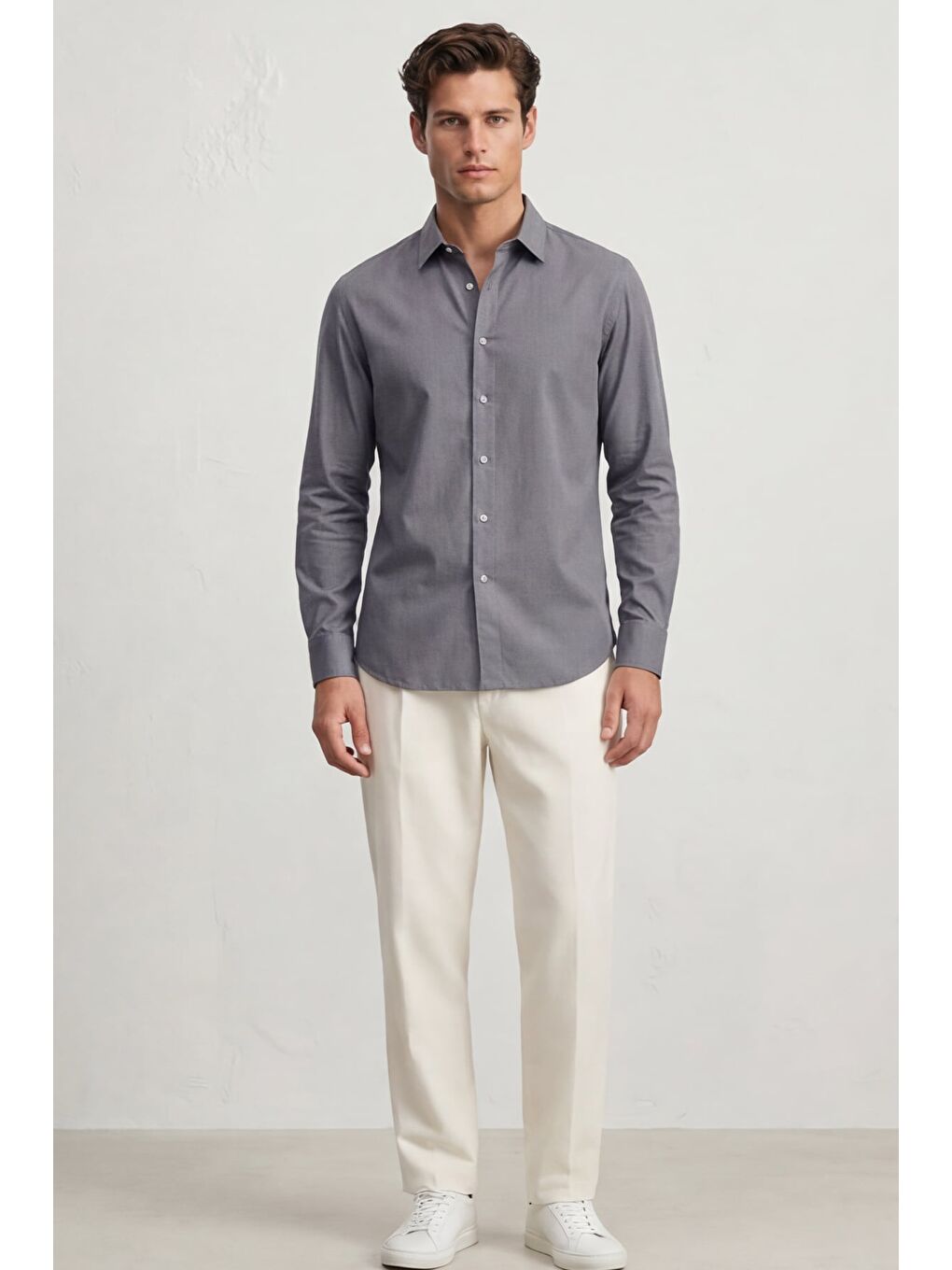 Erkek Gri Normal Kesim Regular Fit %100 Pamuk Gabardin Uzun Kollu Klasik Yaka Gömlek-1