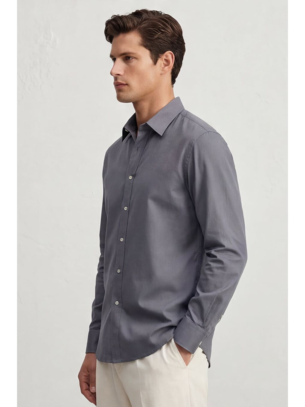 Erkek Gri Normal Kesim Regular Fit %100 Pamuk Gabardin Uzun Kollu Klasik Yaka Gömlek-3