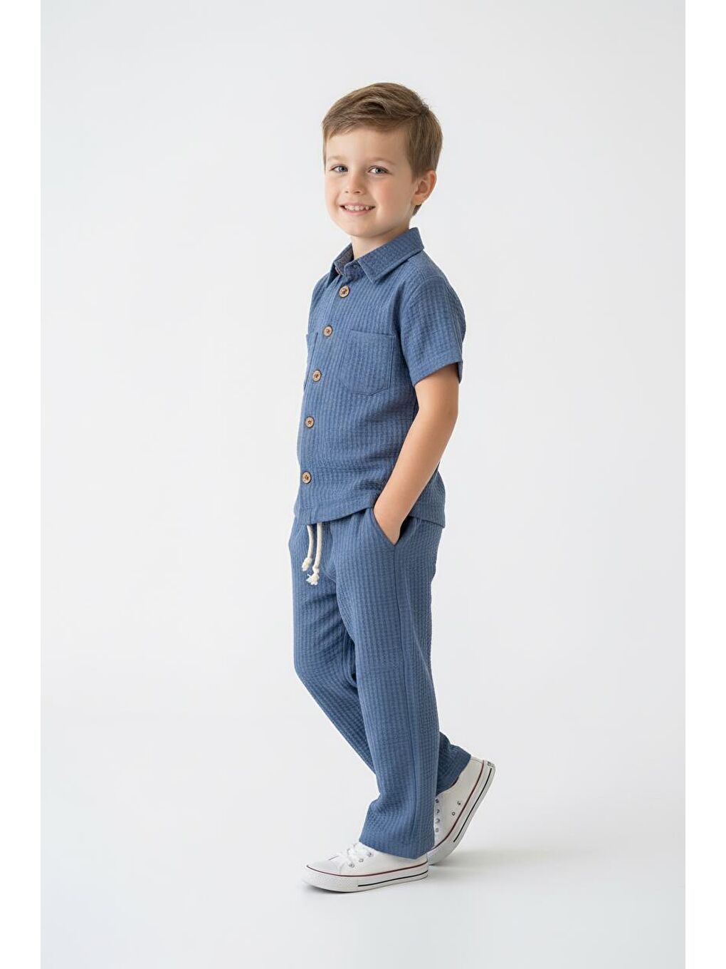 İndigo Gofreli Yazlık Gömlek 2li Takım