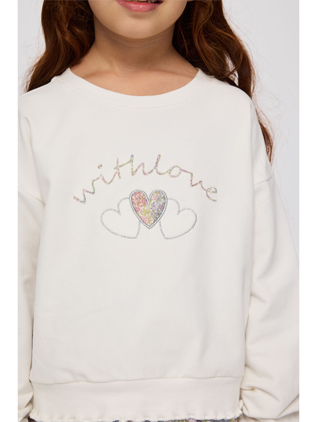 Beyaz Liberty Kumaş Nakışlı Kız Çocuk Sweatshirt-5