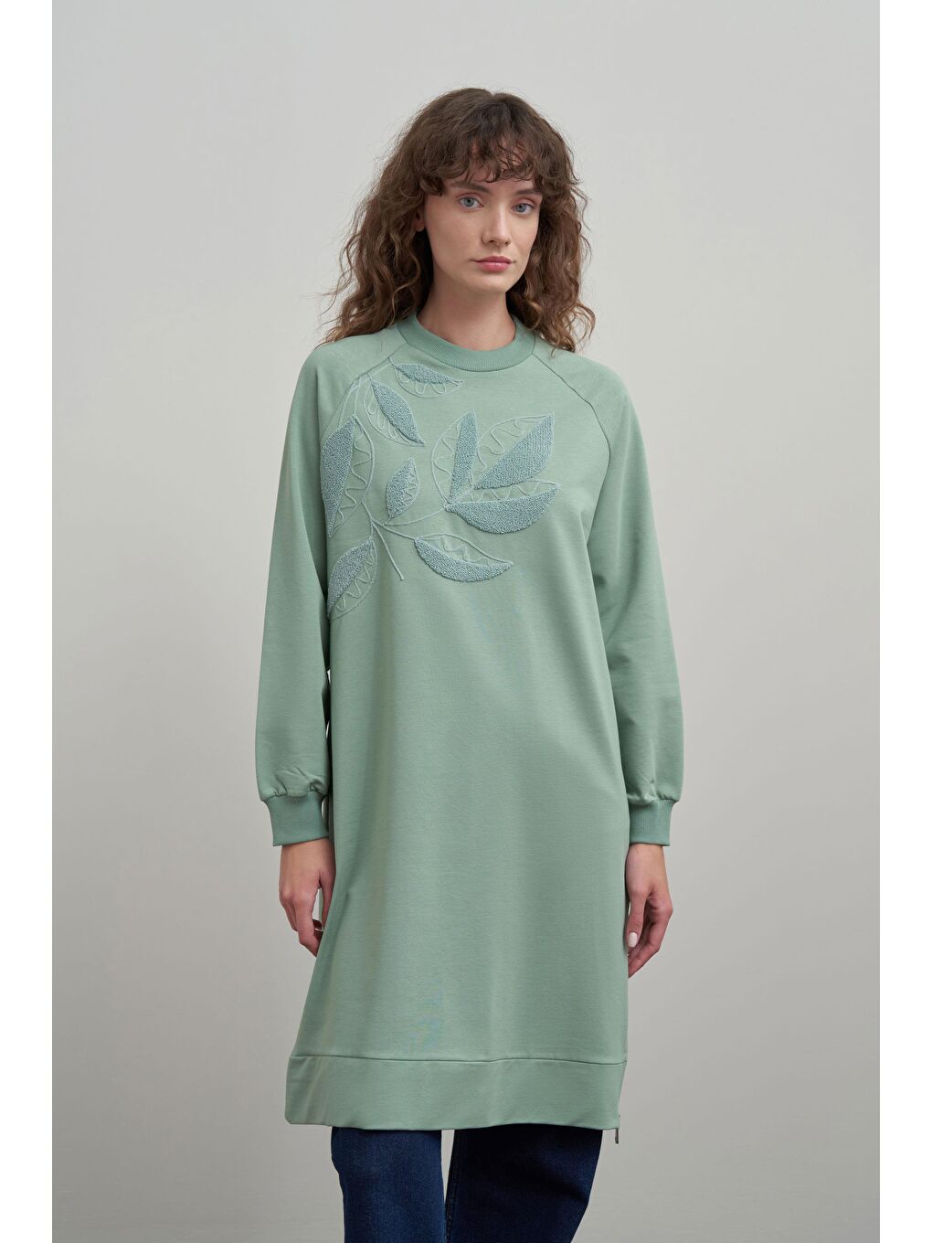Yeşil Defne-Pamuklu Yaprak Desenli Tunik