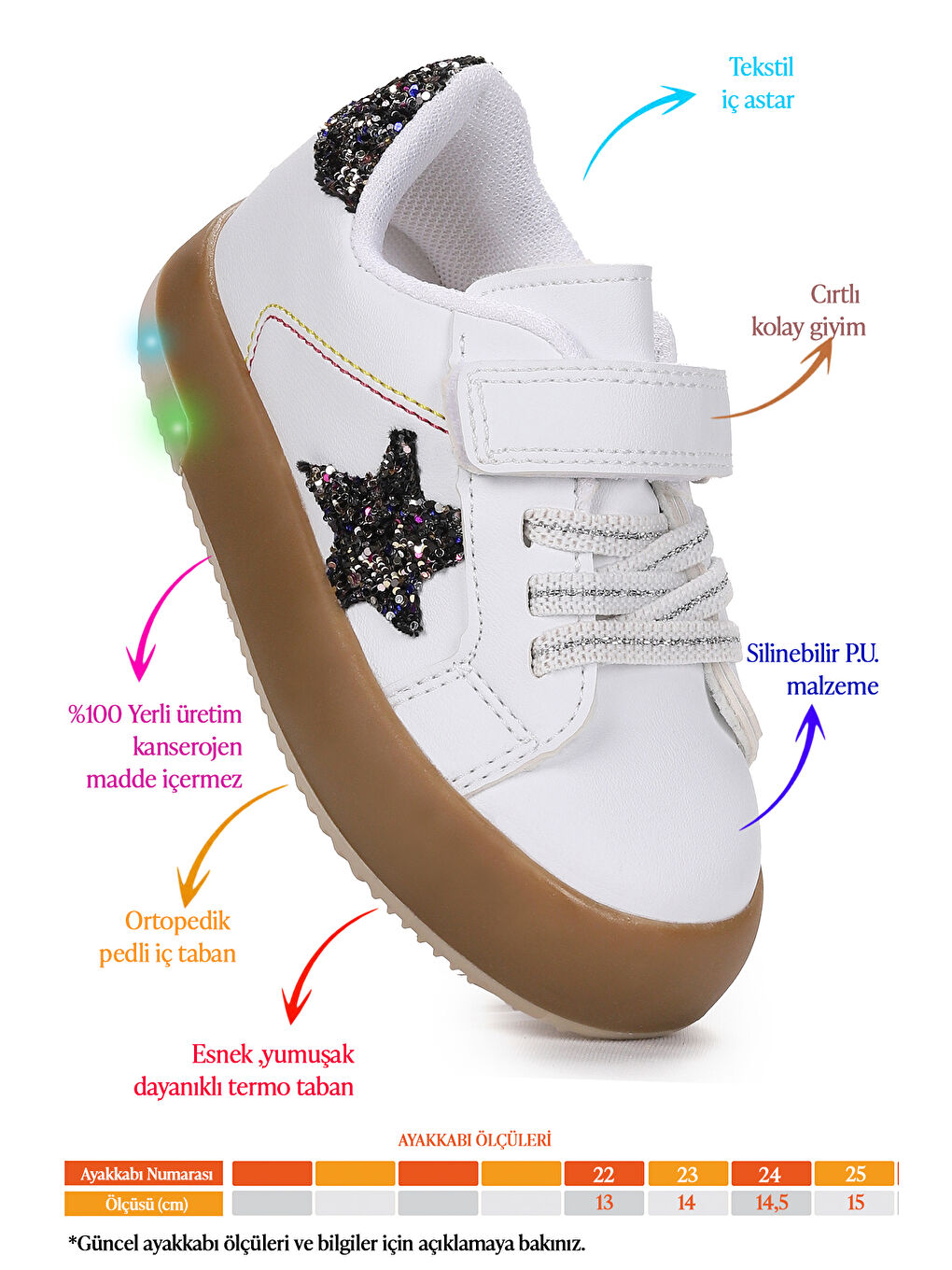 Beyaz Rena Günlük Cırtlı Işıklı Kız Bebek Spor Ayakkabı-1