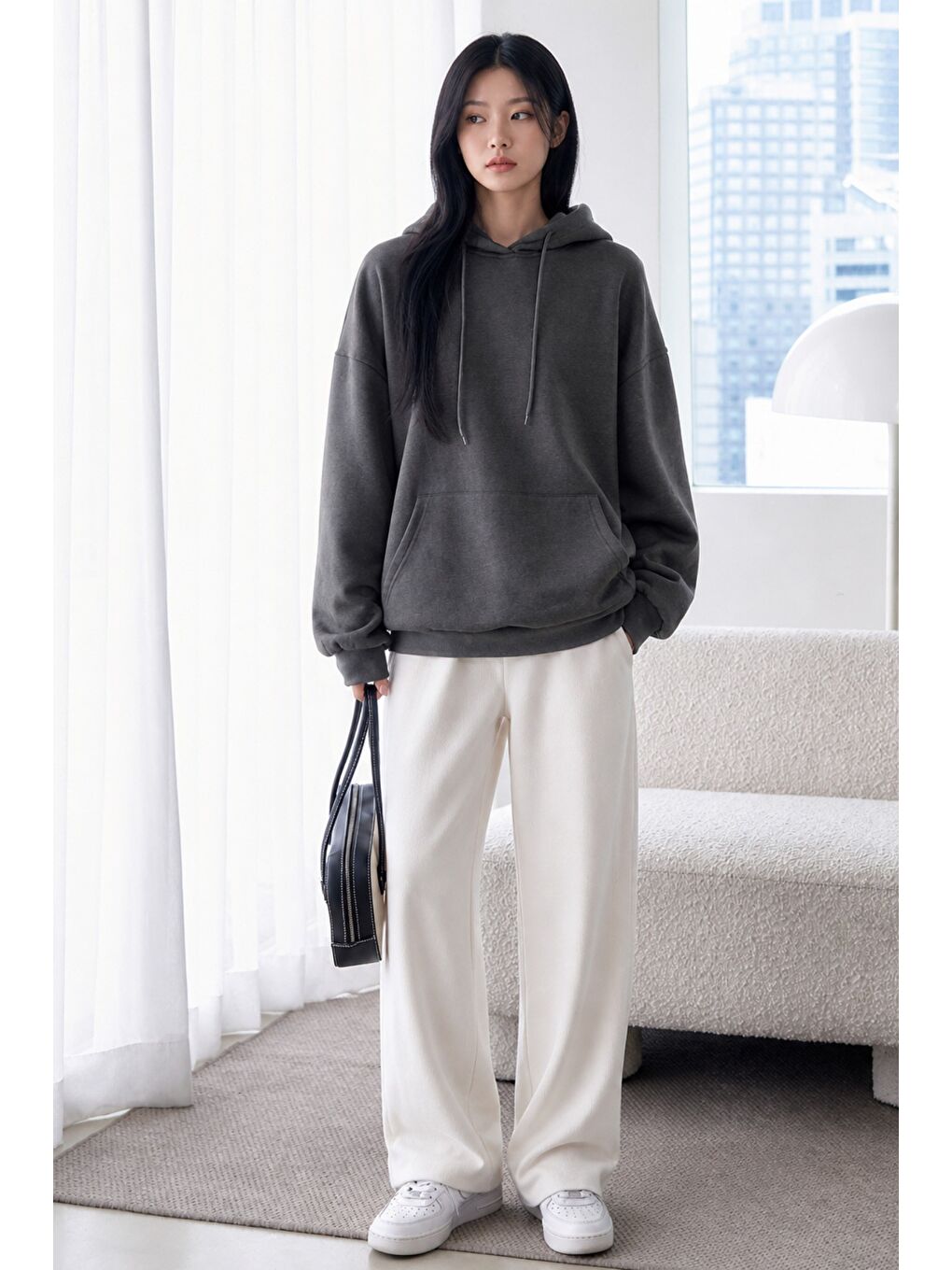 Antrasit Kadın Oversize Kapüşonlu Sweatshirt Rahat Kalıp Günlük Basic Hoodie-2