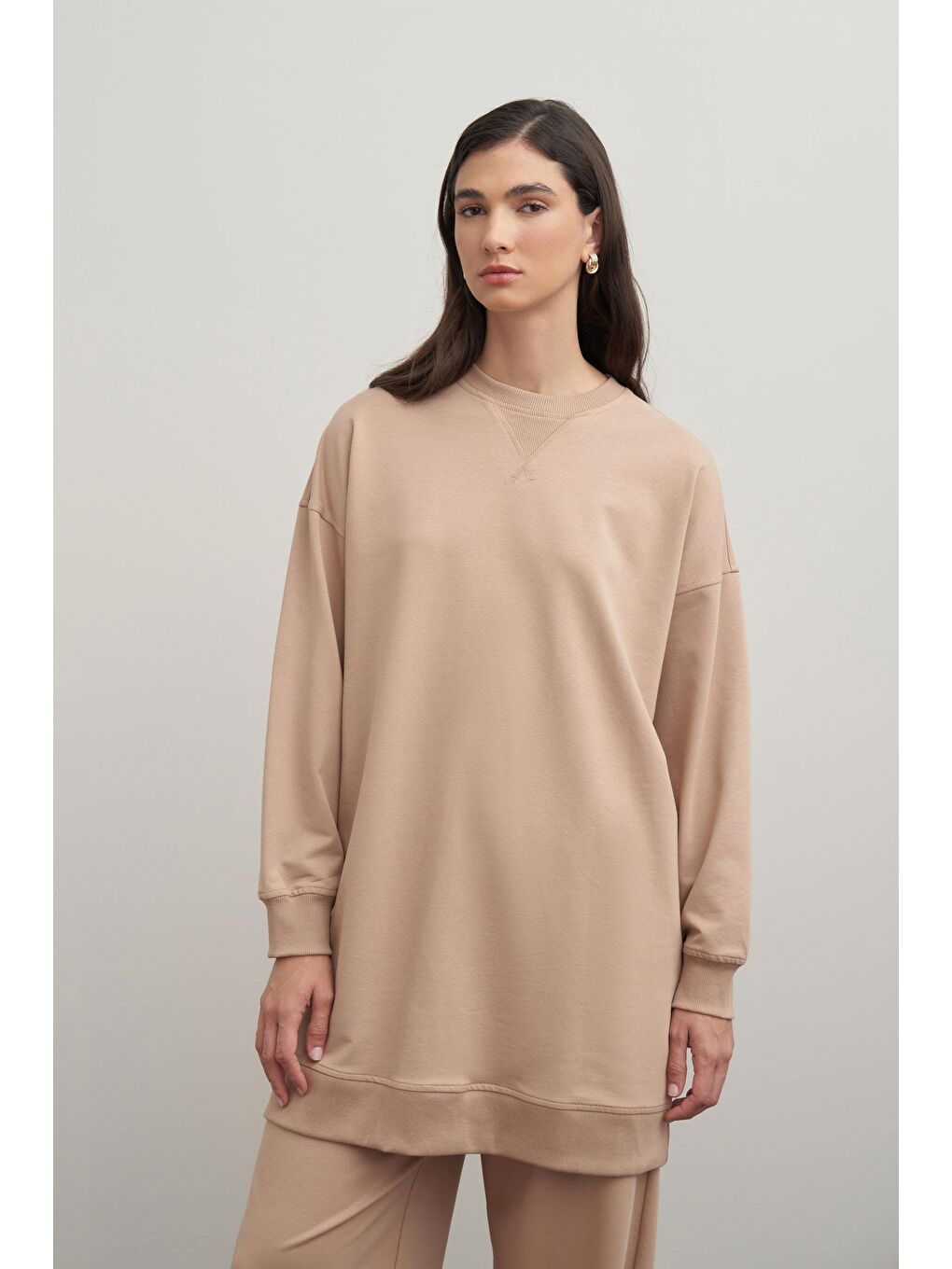 Bej Vizon-Pamuklu Kaşkorse Detaylı Sweatshirt