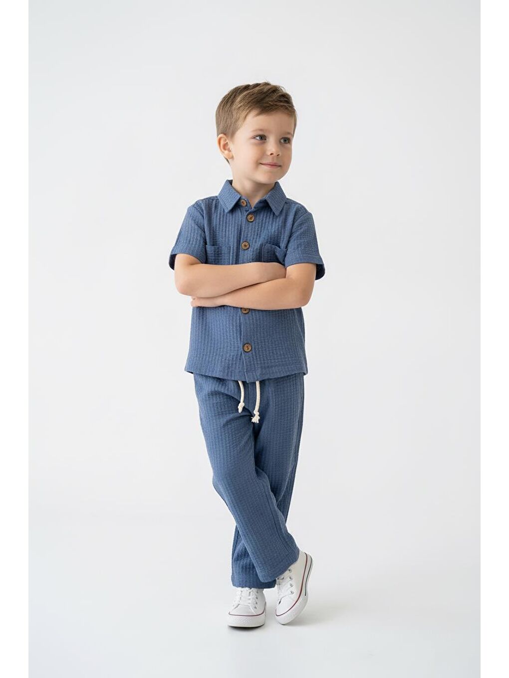 İndigo Gofreli Yazlık Gömlek 2li Takım-4
