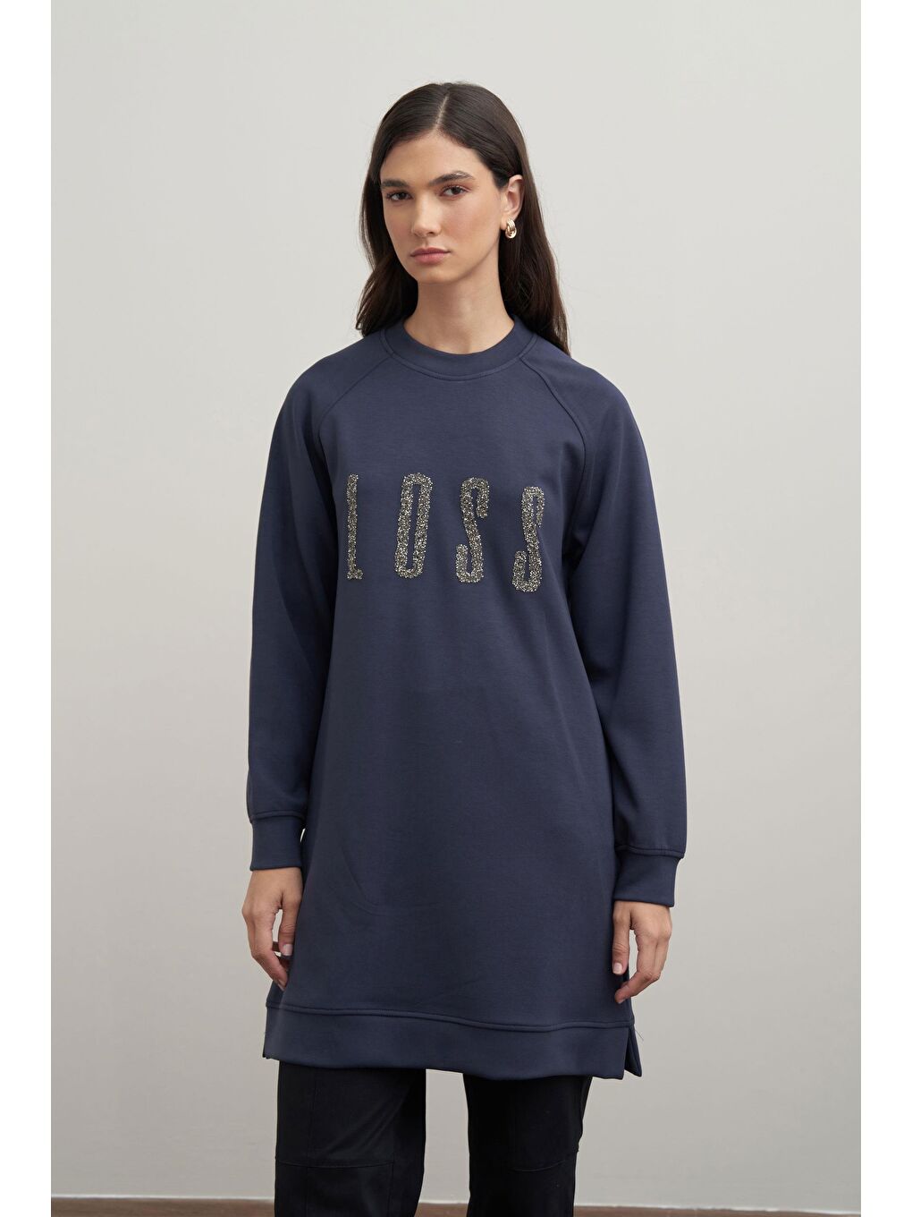 Lacivert-Yumuşak Dokulu Baskılı Reglan Tunik