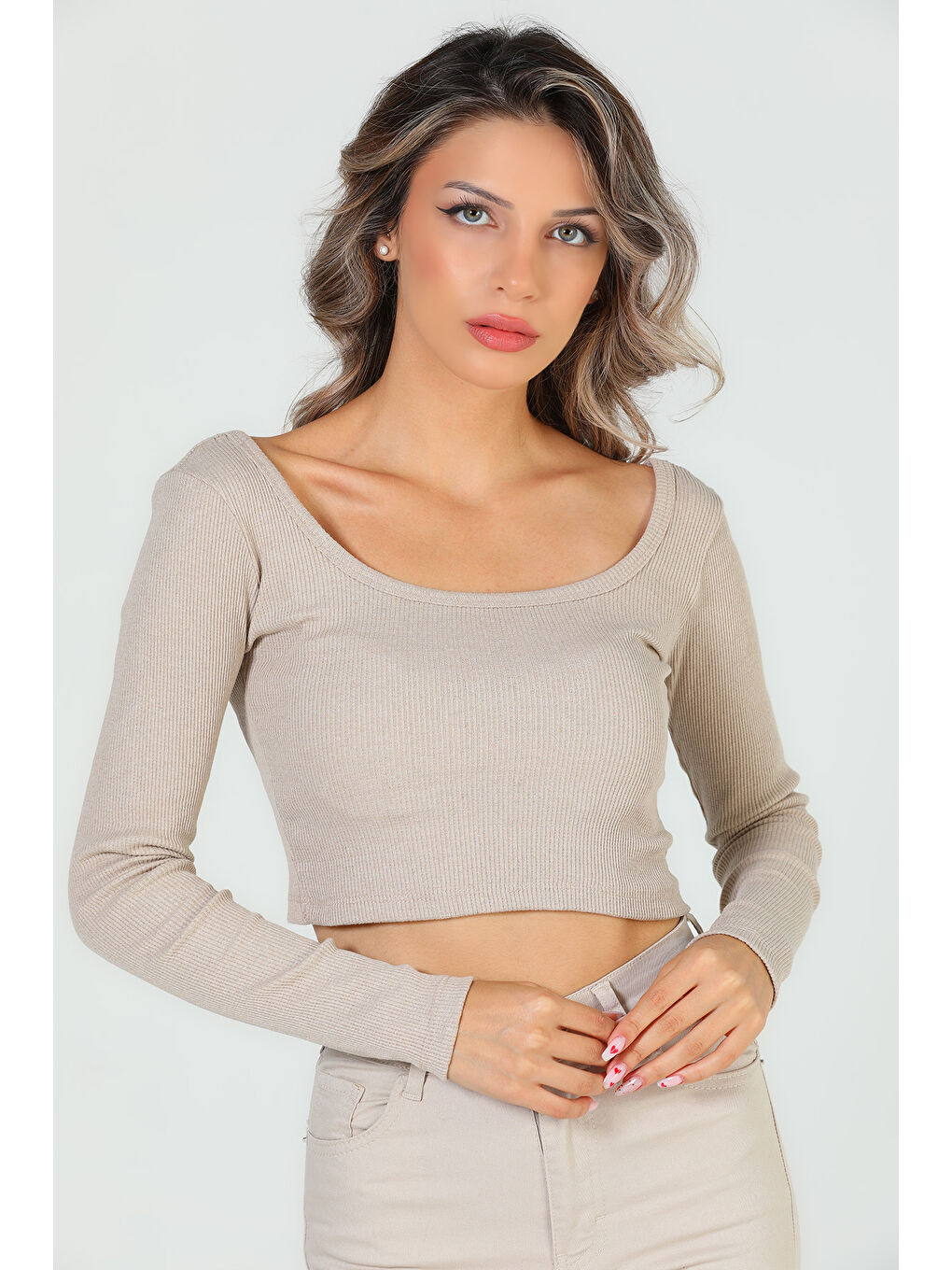 GÜLSELİ Bej Kadın Kare Yaka Kaşkorse Crop Body Bluz - 6