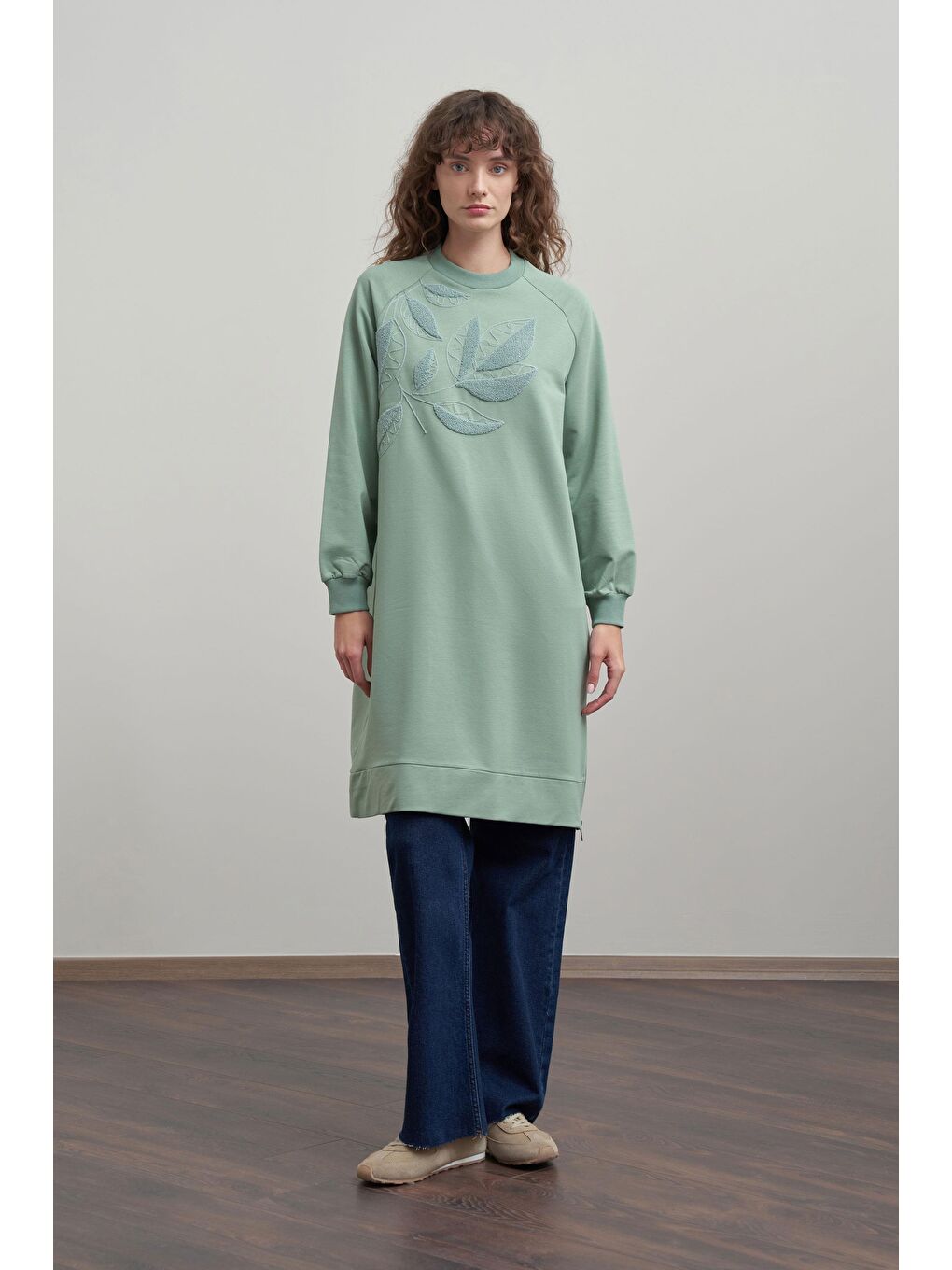 Yeşil Defne-Pamuklu Yaprak Desenli Tunik-1