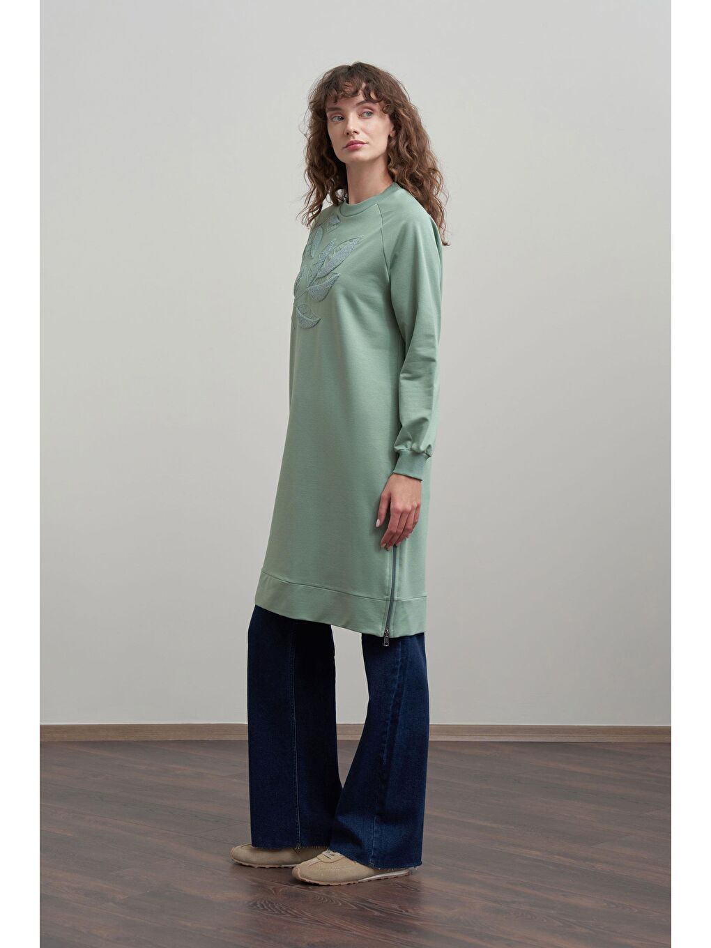 Yeşil Defne-Pamuklu Yaprak Desenli Tunik-2