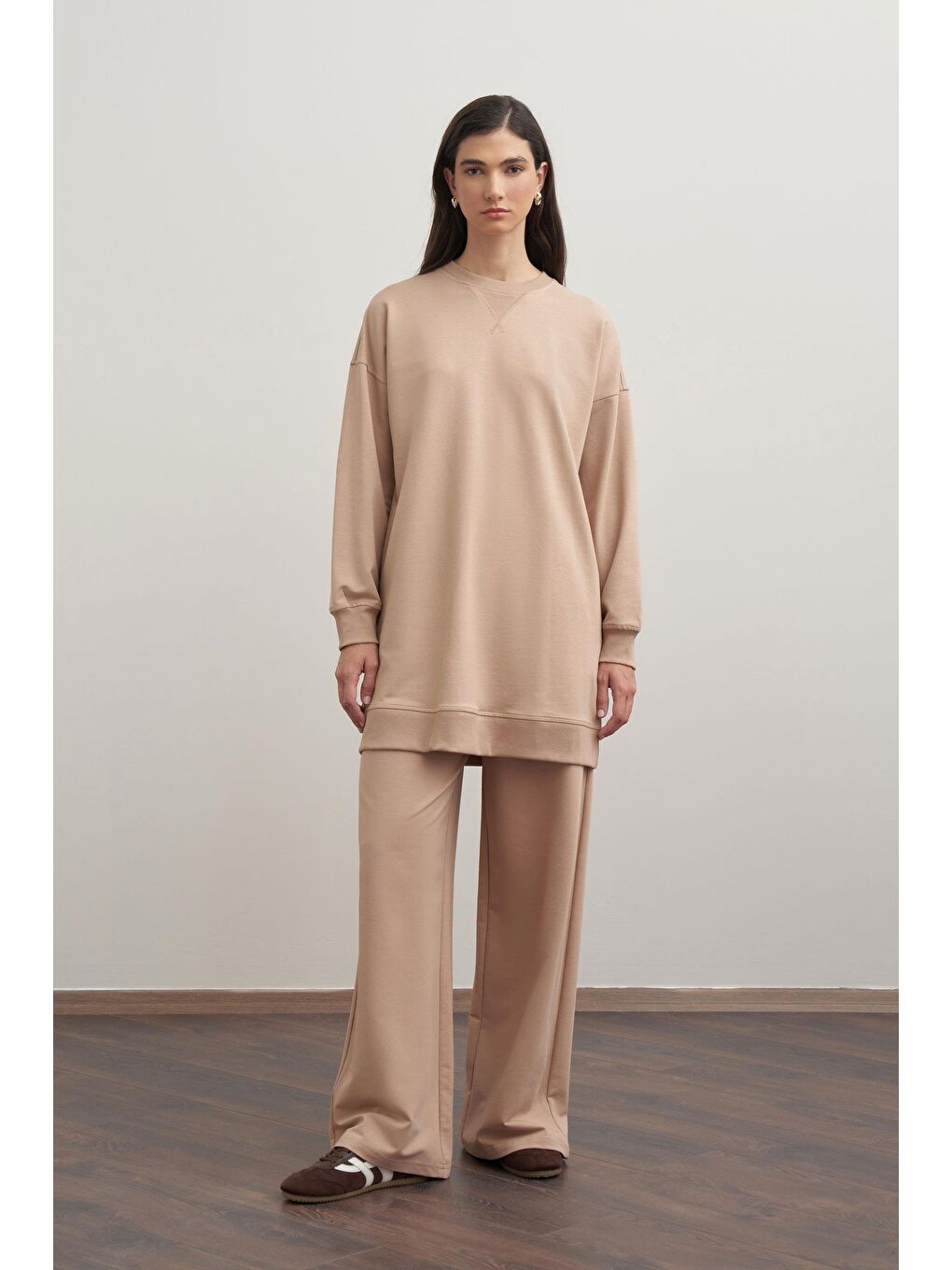 Bej Vizon-Pamuklu Kaşkorse Detaylı Sweatshirt-1