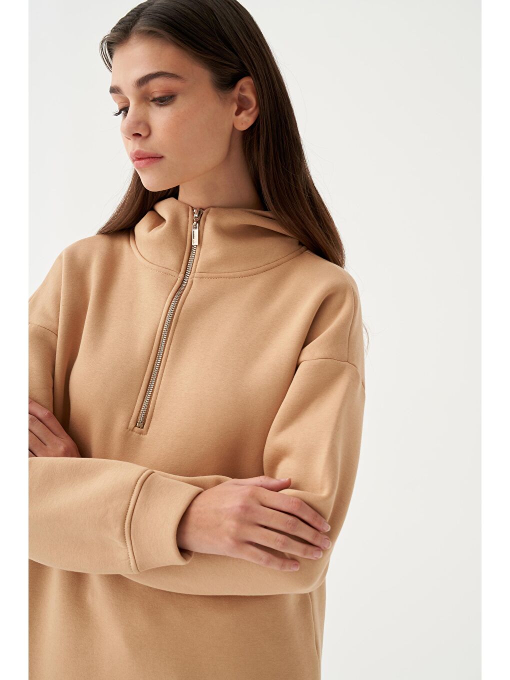 Bej Vizon-Pamuklu Yarım Patlı Fermuarlı Tunik-3