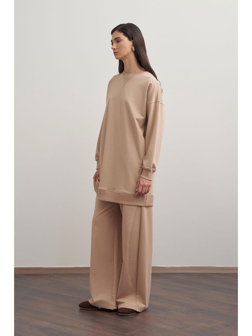 Bej Vizon-Pamuklu Kaşkorse Detaylı Sweatshirt-2