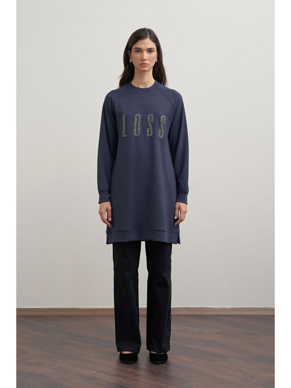 Lacivert-Yumuşak Dokulu Baskılı Reglan Tunik-1