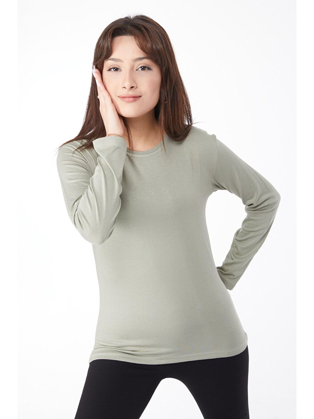 Bisiklet Yaka Kadın Haki Uzun Kollu Baskısız Badi - 24765