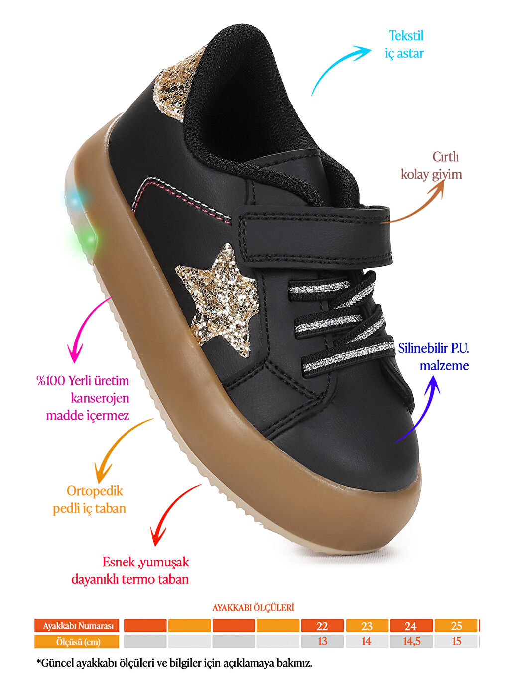 Siyah Rena Günlük Cırtlı Işıklı Kız Bebek Spor Ayakkabı-1