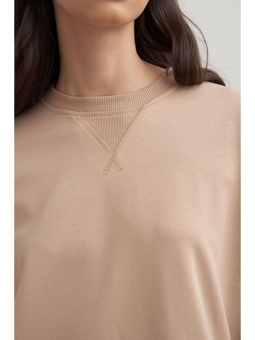 Bej Vizon-Pamuklu Kaşkorse Detaylı Sweatshirt-4