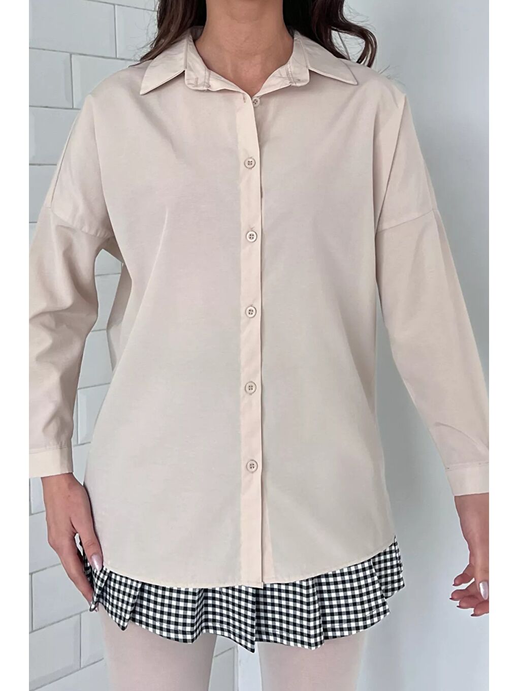 Bej Kadın Salaş Basic Gömlek-2