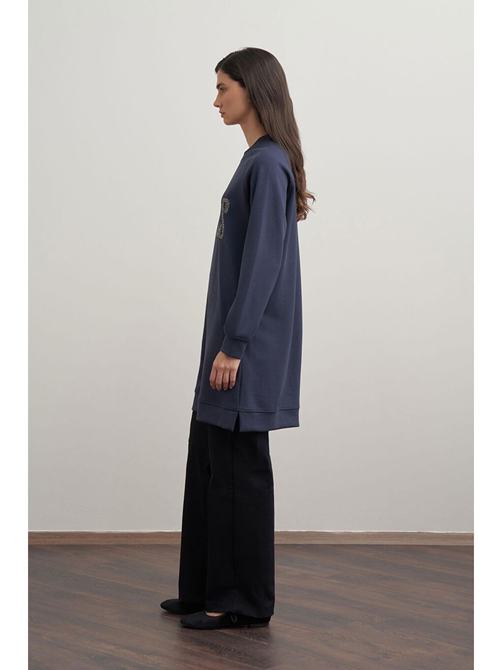 Lacivert-Yumuşak Dokulu Baskılı Reglan Tunik-3