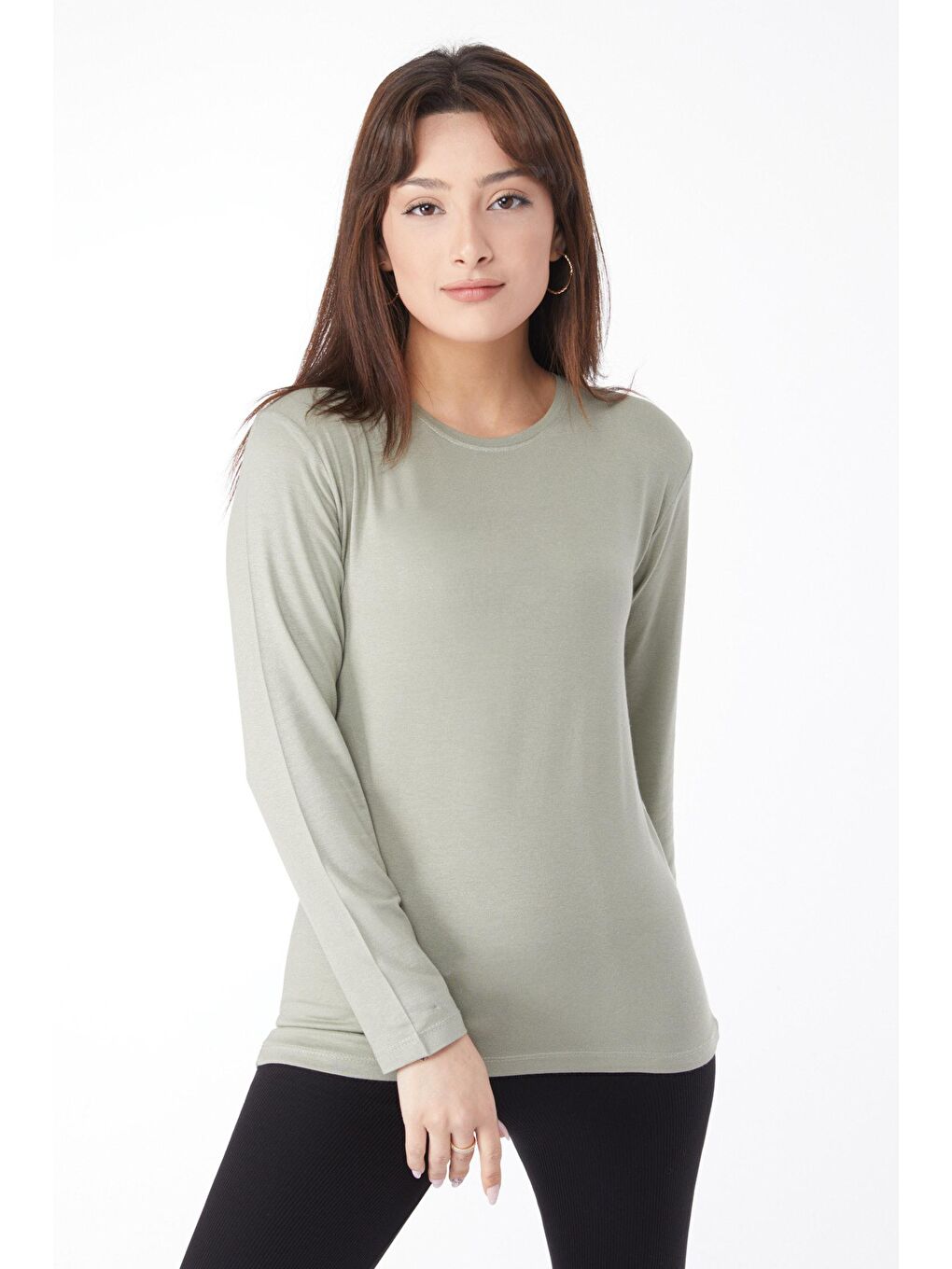 Bisiklet Yaka Kadın Haki Uzun Kollu Baskısız Badi - 24765-1