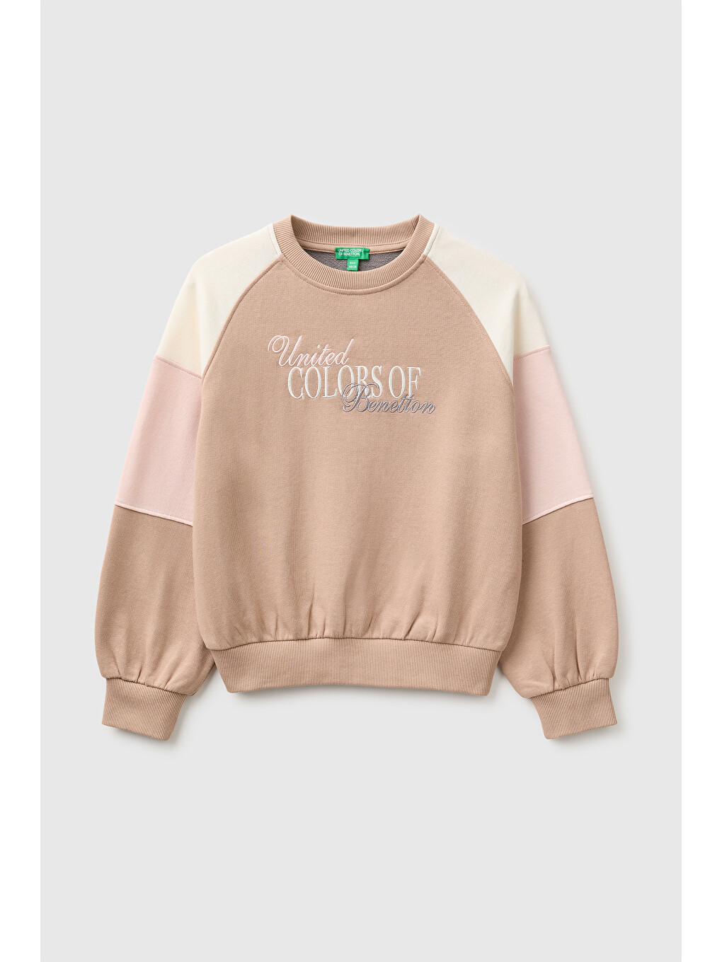 Kız Çocuk Haki İşlemeli Renk Bloklu Reglan Kollu Bisiklet Yaka Sweatshirt