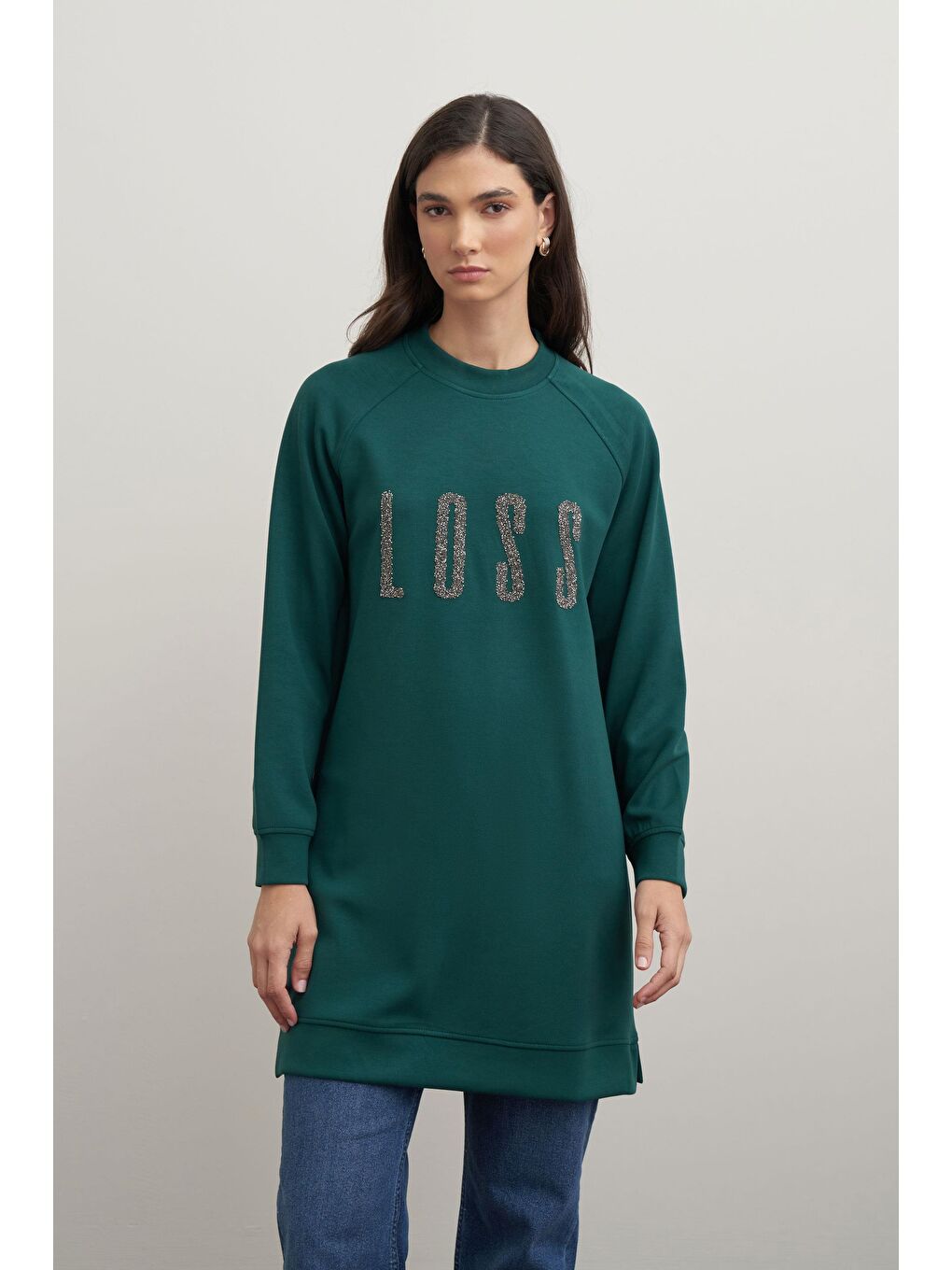 Yeşil Zümrüt-Yumuşak Dokulu Baskılı Reglan Tunik