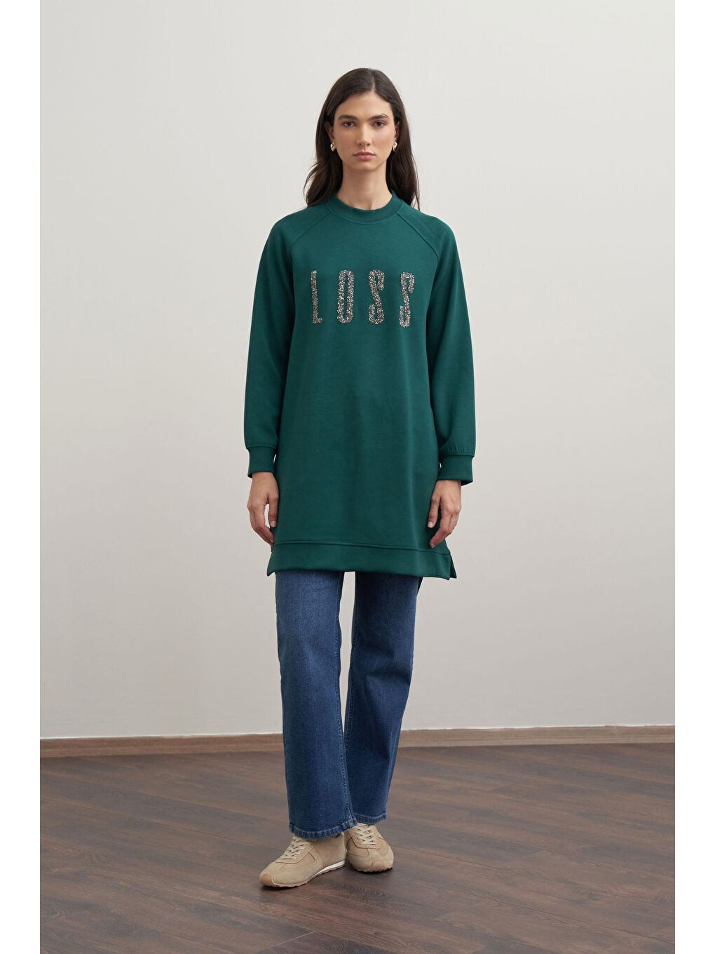 Yeşil Zümrüt-Yumuşak Dokulu Baskılı Reglan Tunik-1