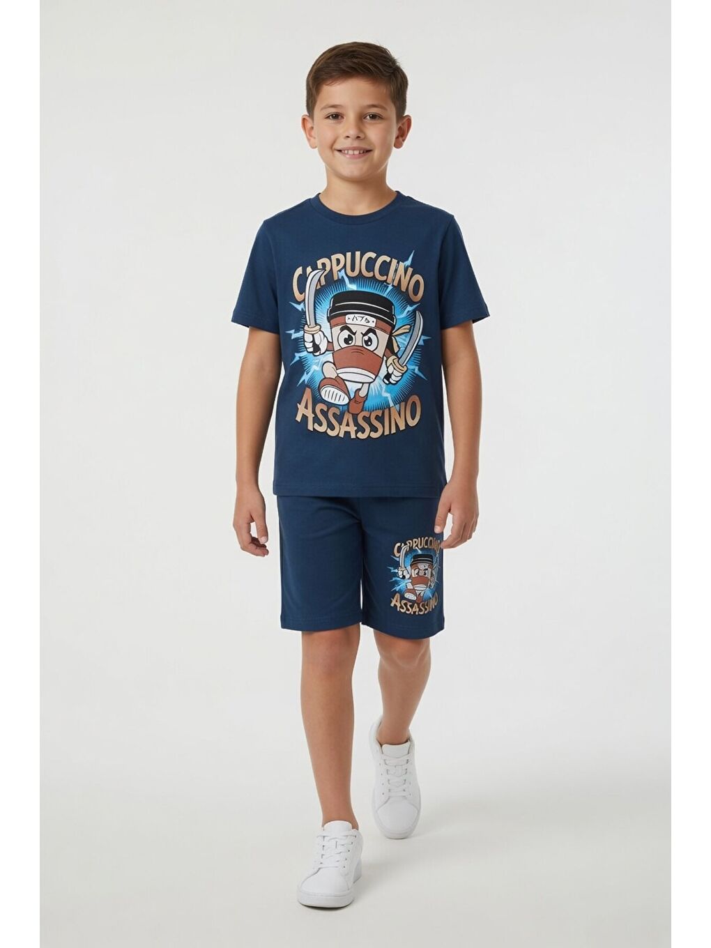 Mavi Karakter Baskılı Bisiklet Yaka Tişörtlü Erkek Çocuk Şortlu Takım 23842-1