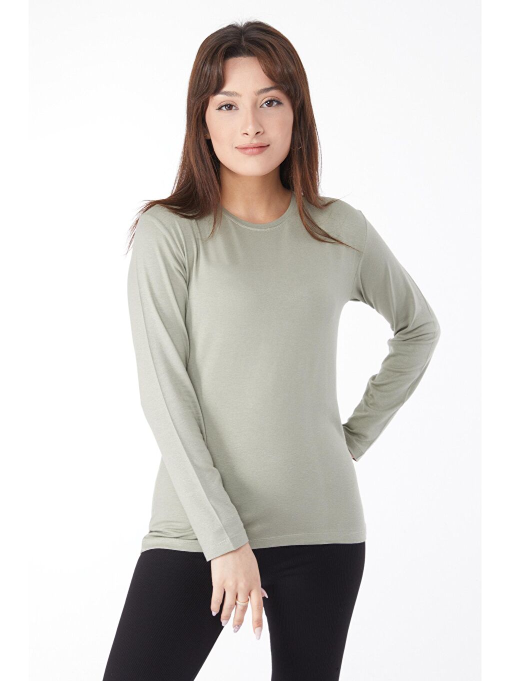 Bisiklet Yaka Kadın Haki Uzun Kollu Baskısız Badi - 24765-2