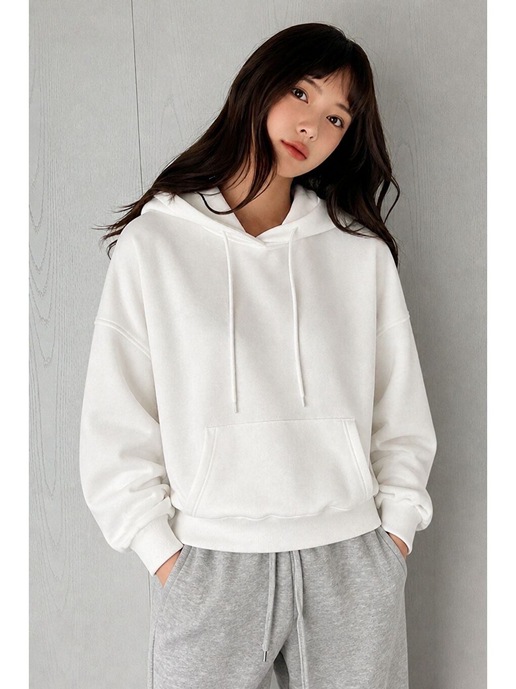 Beyaz Kadın Oversize Kapüşonlu Sweatshirt Rahat Kalıp Günlük Basic Hoodie-1