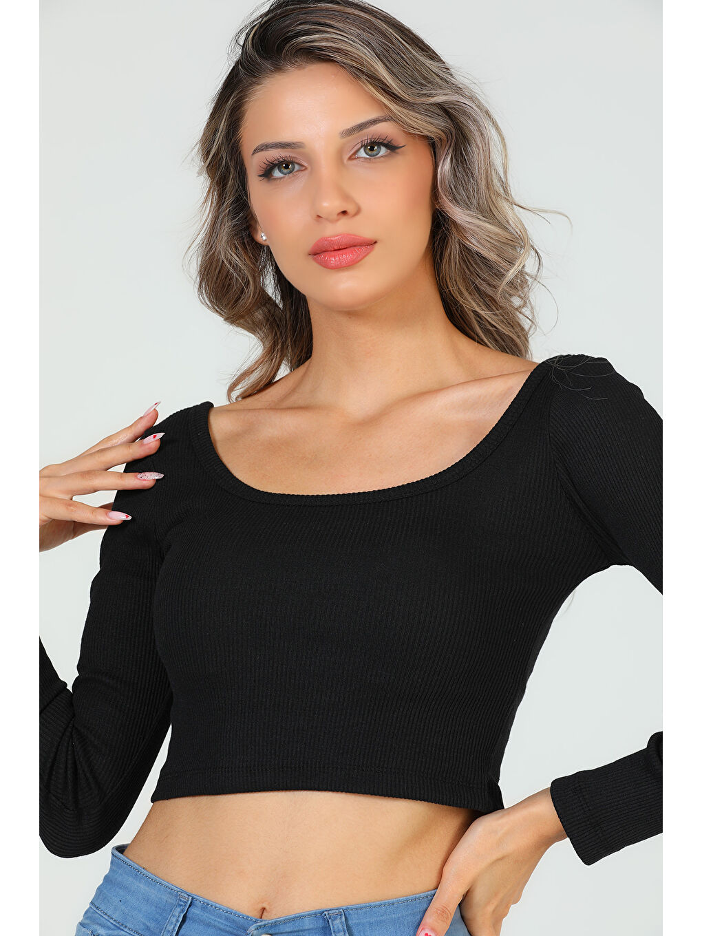 GÜLSELİ Siyah Kadın Kare Yaka Kaşkorse Crop Body Bluz - 6