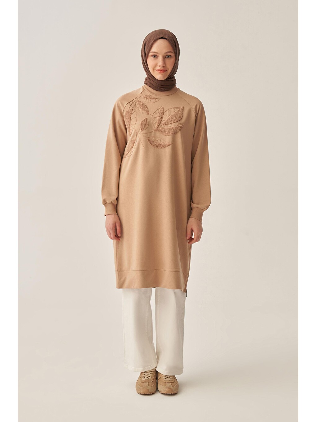 Bej Vizon-pamuklu Yaprak Desenli Tunik-1