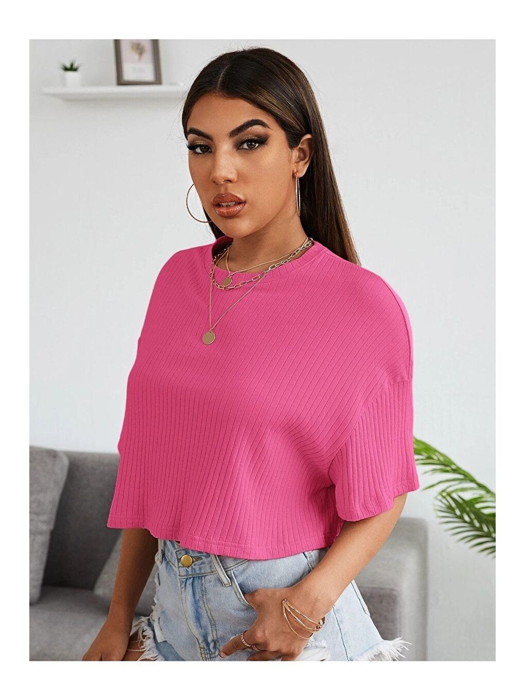 Trendseninle Pembe Kadın Pembe Oversize Fitilli Bel Crop Bluz