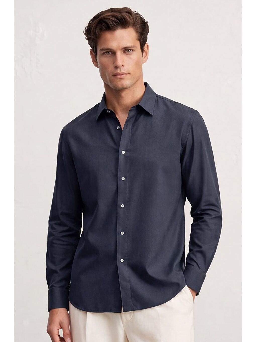 Erkek Lacivert Normal Kesim Regular Fit %100 Pamuk Gabardin Uzun Kollu Klasik Yaka Gömlek