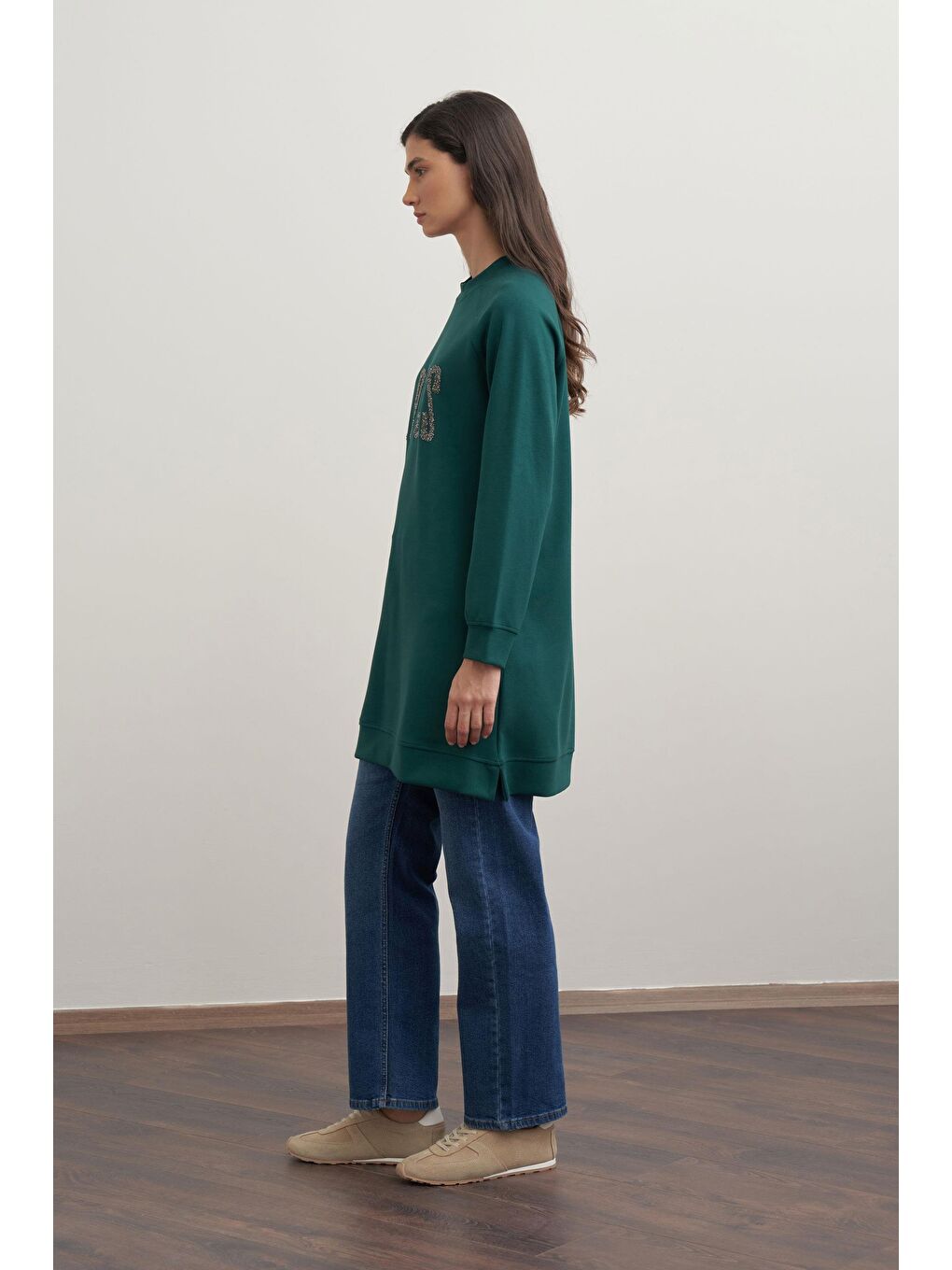 Yeşil Zümrüt-Yumuşak Dokulu Baskılı Reglan Tunik-2