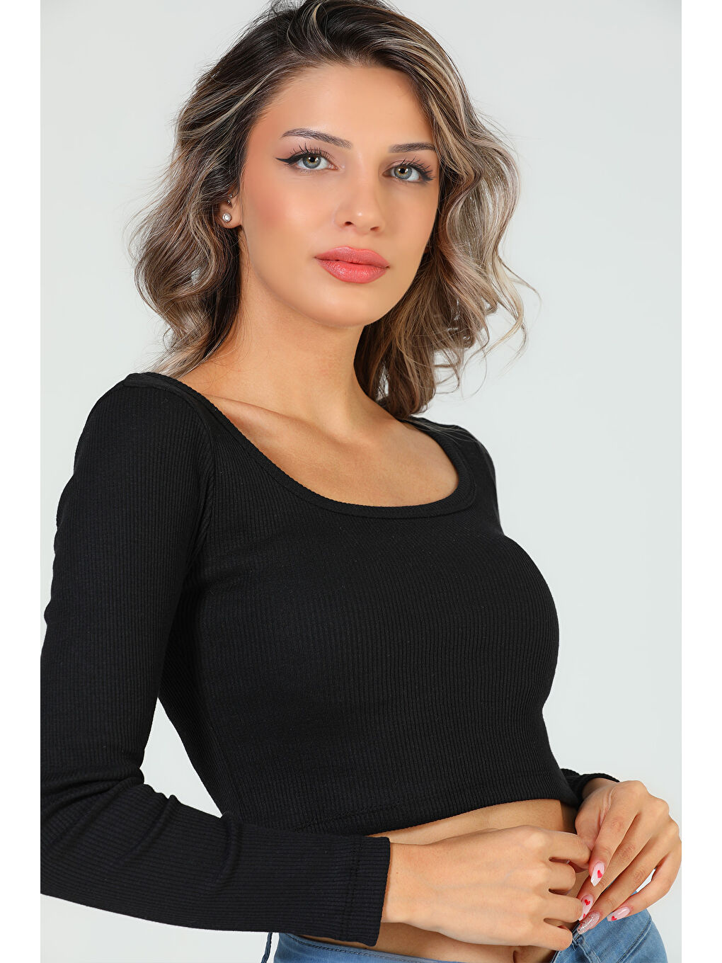 GÜLSELİ Siyah Kadın Kare Yaka Kaşkorse Crop Body Bluz - 8