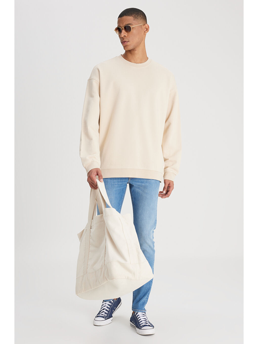 Loose Fit Rahat Kesim Bisiklet Yaka %100 Pamuk Ekru Sweatshirt-1