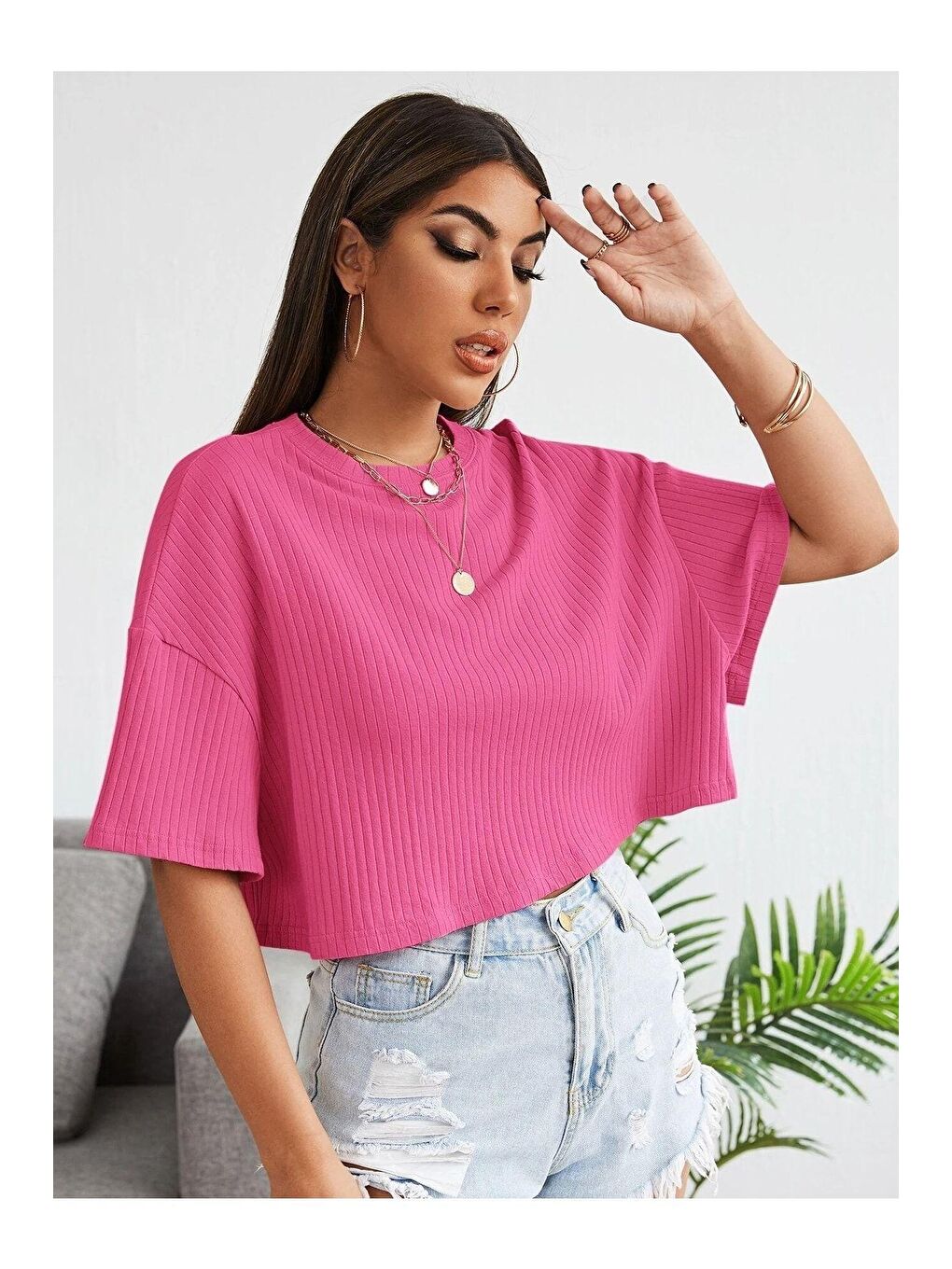 Trendseninle Pembe Kadın Pembe Oversize Fitilli Bel Crop Bluz - 1