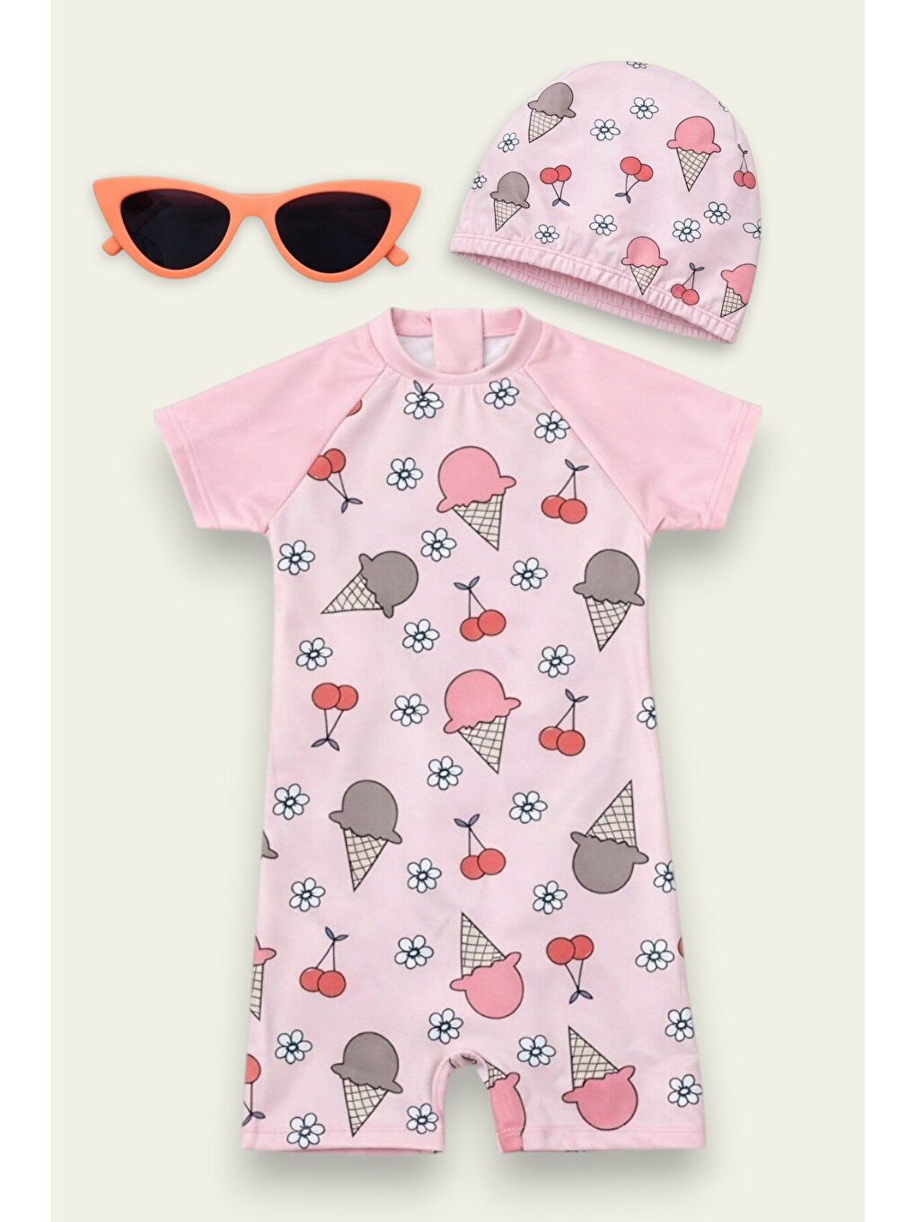 Beyaz Çocuk Desenli Mayo Takımı - Bone ve Güneş Gözlüğü Hediyeli 2'li Set 12714
