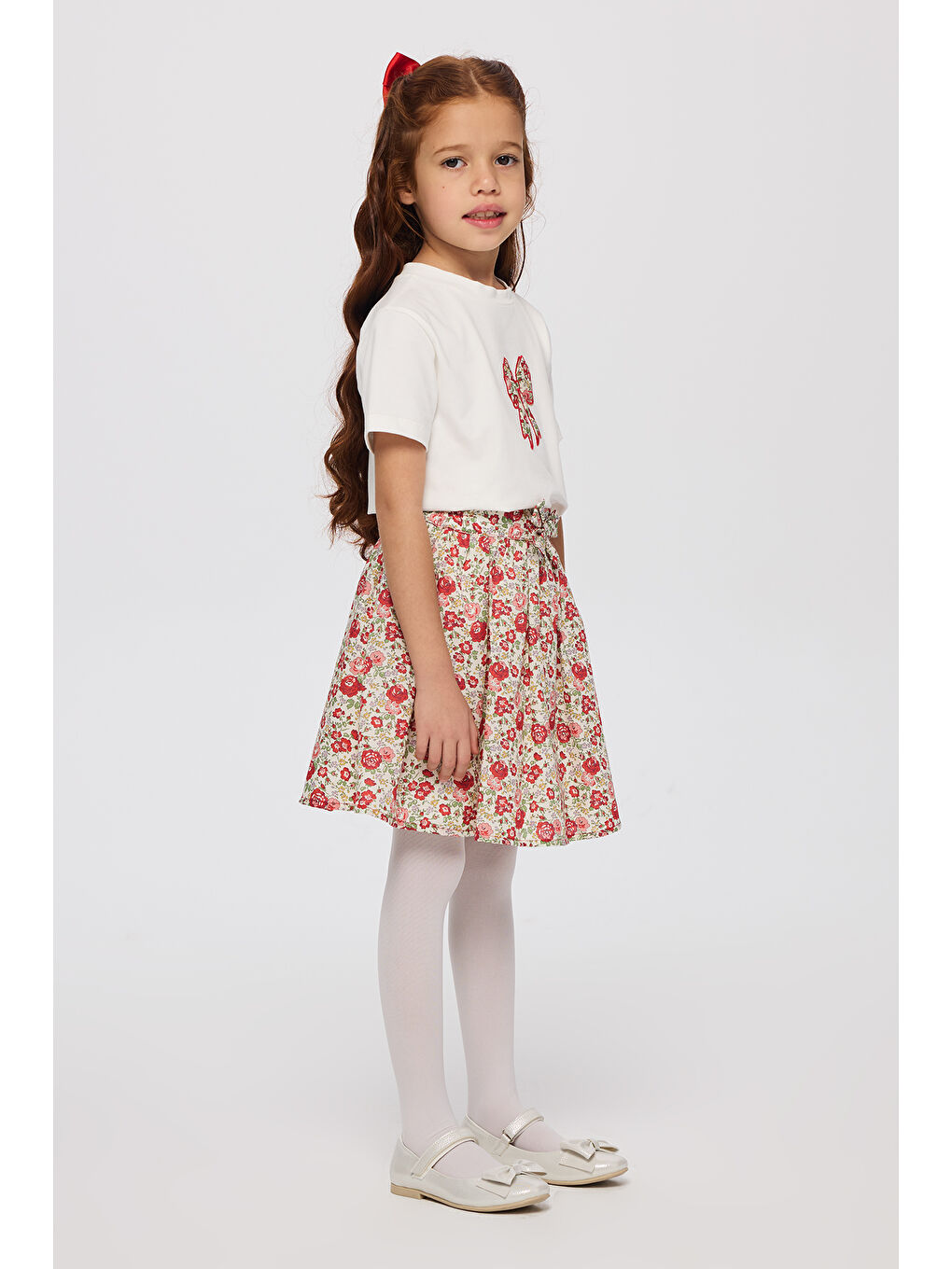 Kırmızı Liberty Kumaş Çiçek Desenli Kız Çocuk Etek-1