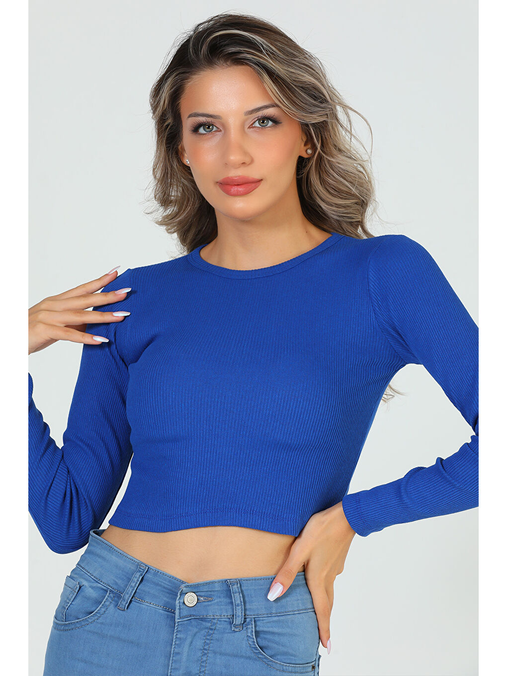 GÜLSELİ Mavi Kadın Bisiklet Yaka Kaşkorse Crop Body Bluz