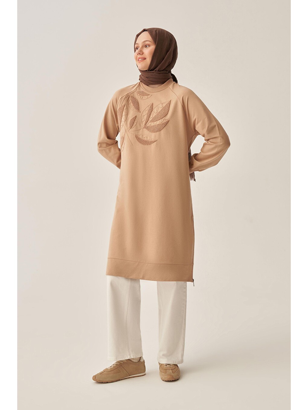 Bej Vizon-pamuklu Yaprak Desenli Tunik-3