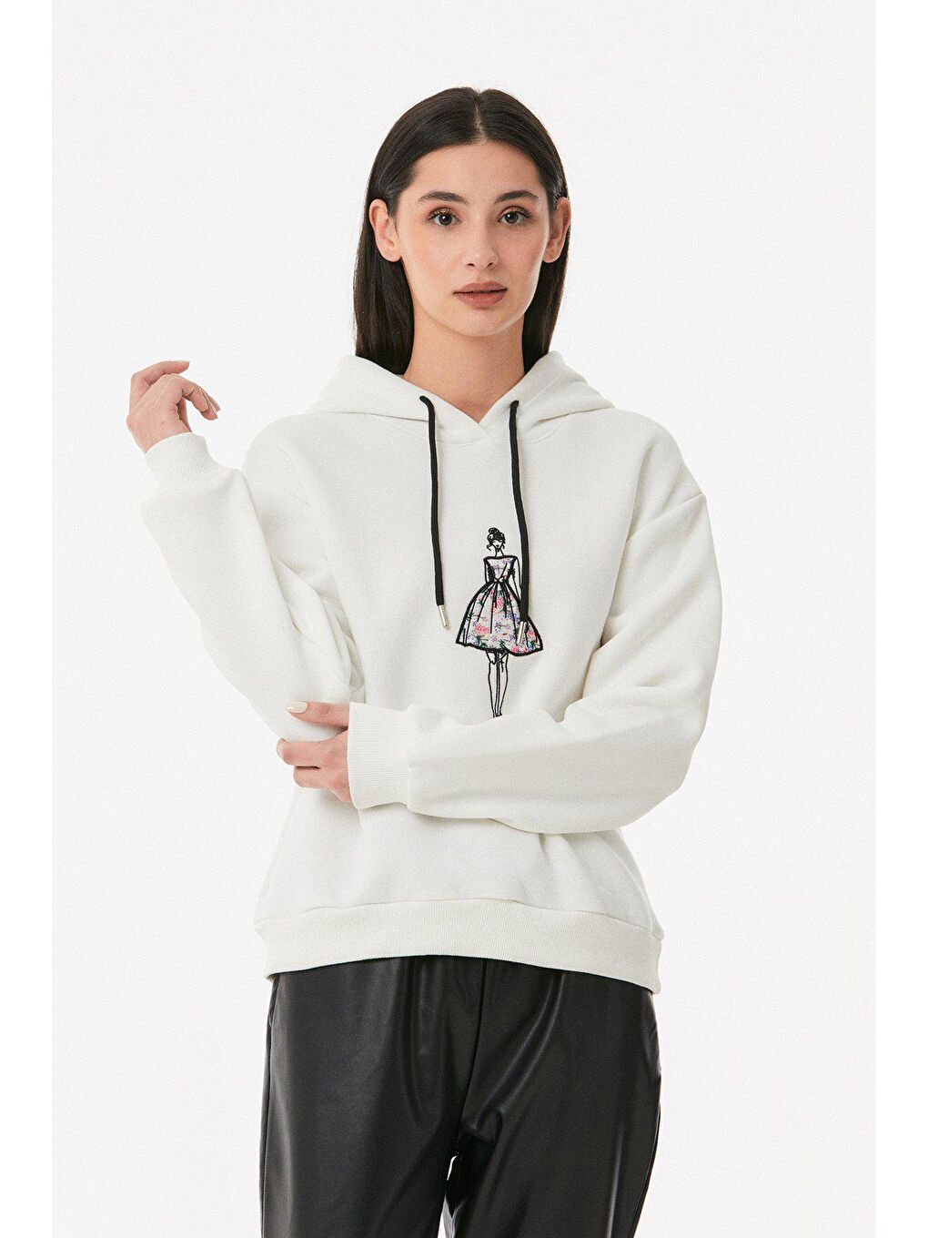 Ekru Nakışlı Kapüşonlu Sweatshirt-1