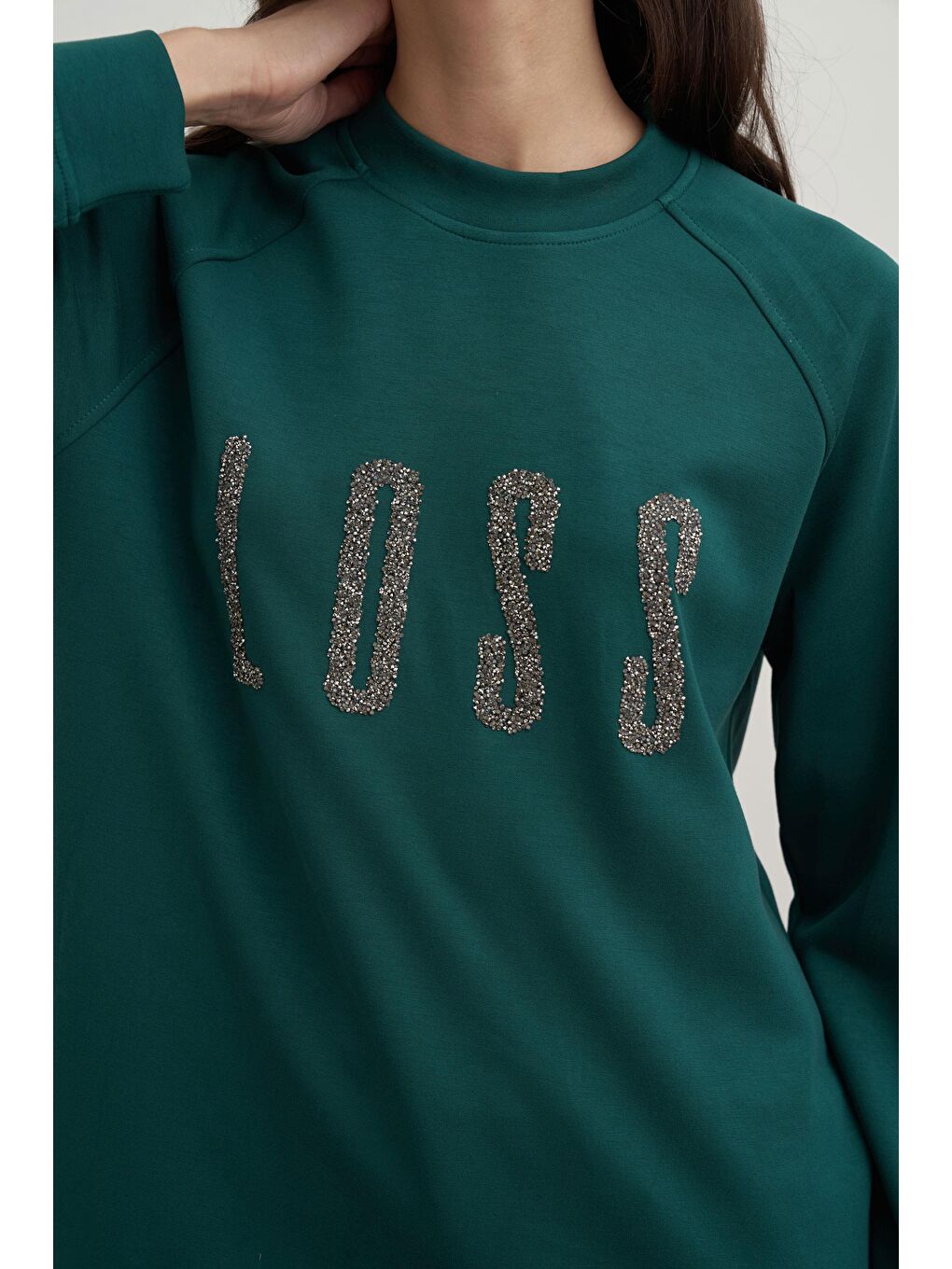 Yeşil Zümrüt-Yumuşak Dokulu Baskılı Reglan Tunik-4