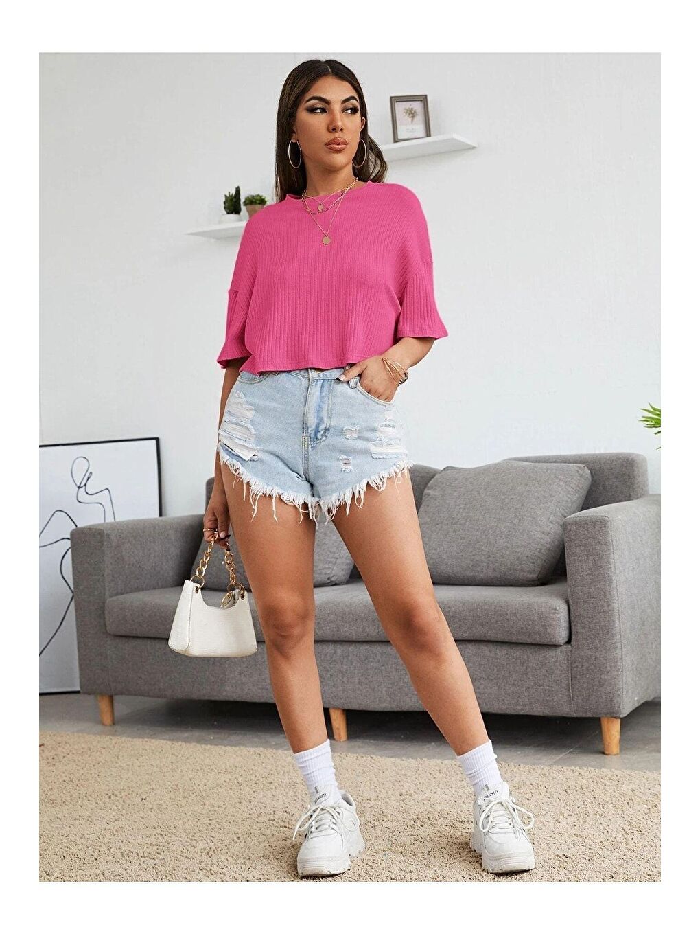 Trendseninle Pembe Kadın Pembe Oversize Fitilli Bel Crop Bluz - 2