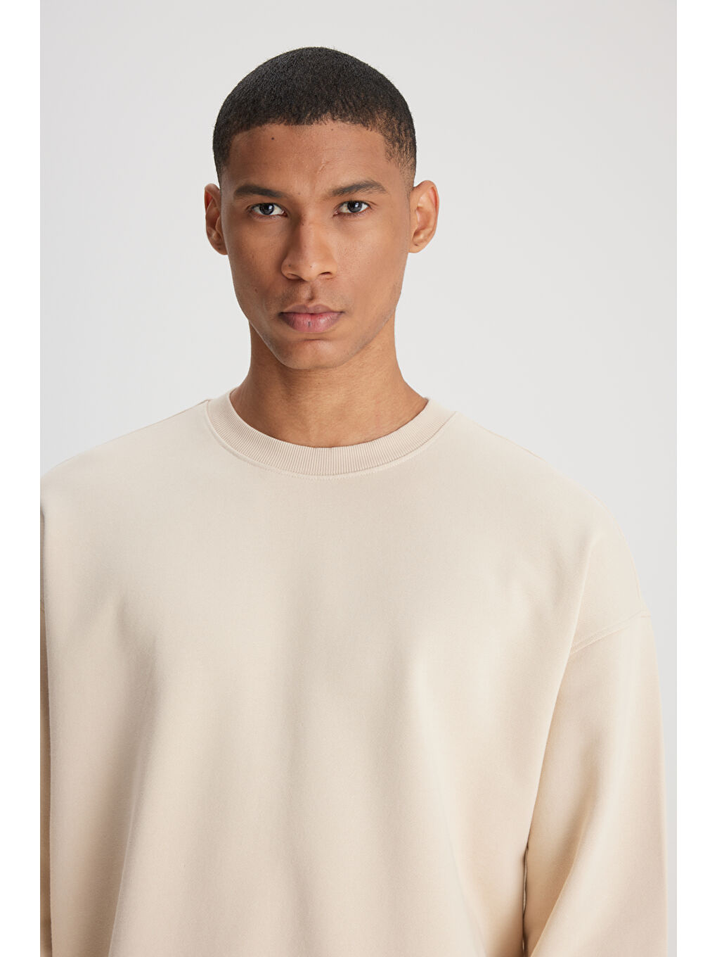 Loose Fit Rahat Kesim Bisiklet Yaka %100 Pamuk Ekru Sweatshirt-2