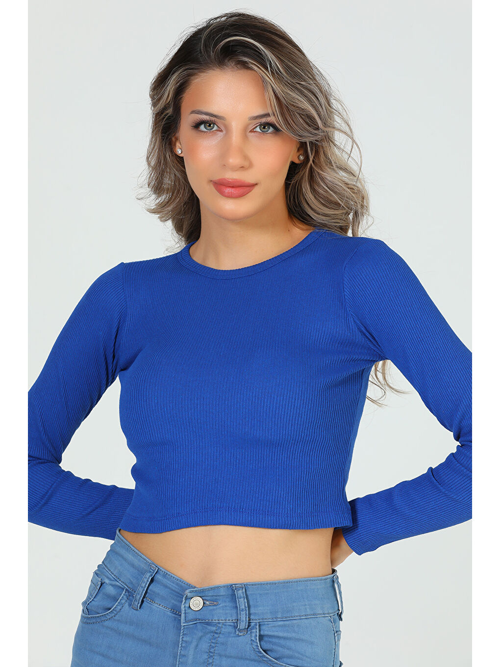 GÜLSELİ Mavi Kadın Bisiklet Yaka Kaşkorse Crop Body Bluz - 2