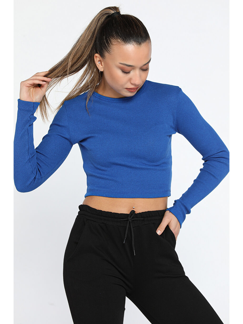 GÜLSELİ Mavi Kadın Bisiklet Yaka Kaşkorse Crop Body Bluz - 3