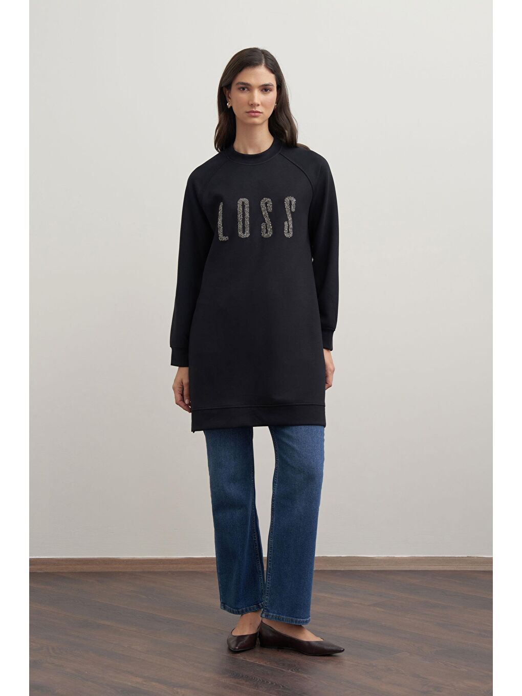 Siyah-Yumuşak Dokulu Baskılı Reglan Tunik